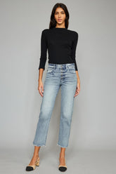 Kancan Women's High Waist Button Fly Jeans - Vintage Raw Hem Cropped Straight